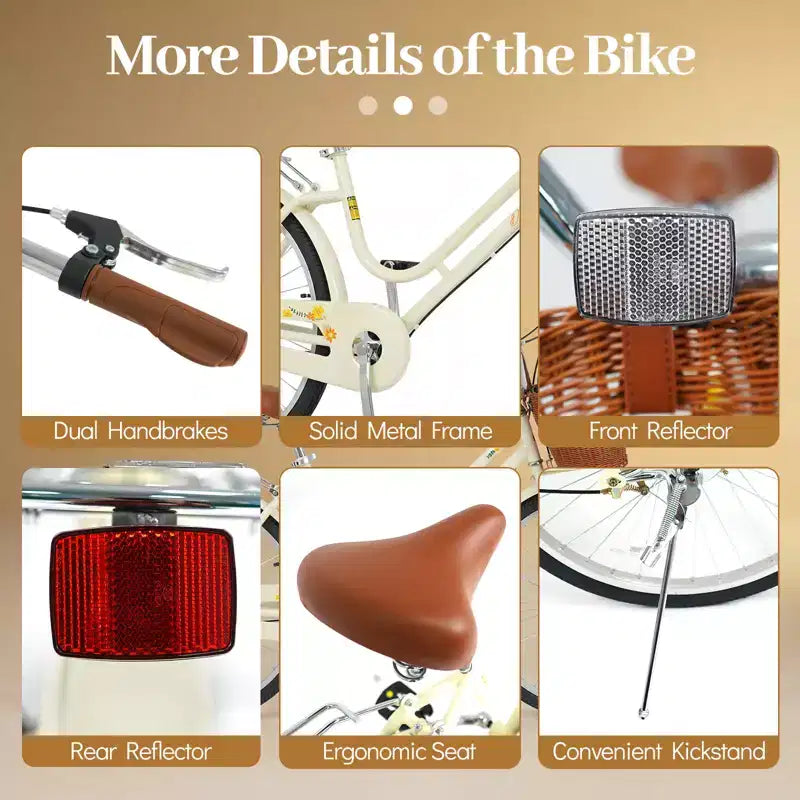Vélo de ville Gymax Beach Cruiser 24 pouces avec selle réglable, panier tressé et porte-bagages arrière