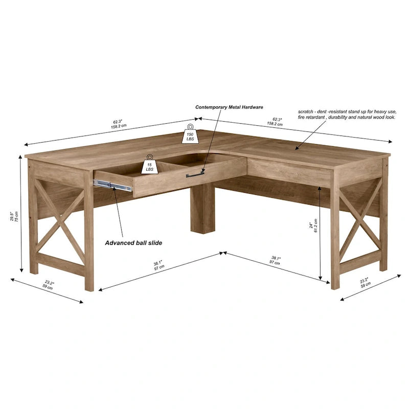 Bureau en L de style ferme moderne Alaska avec tiroir