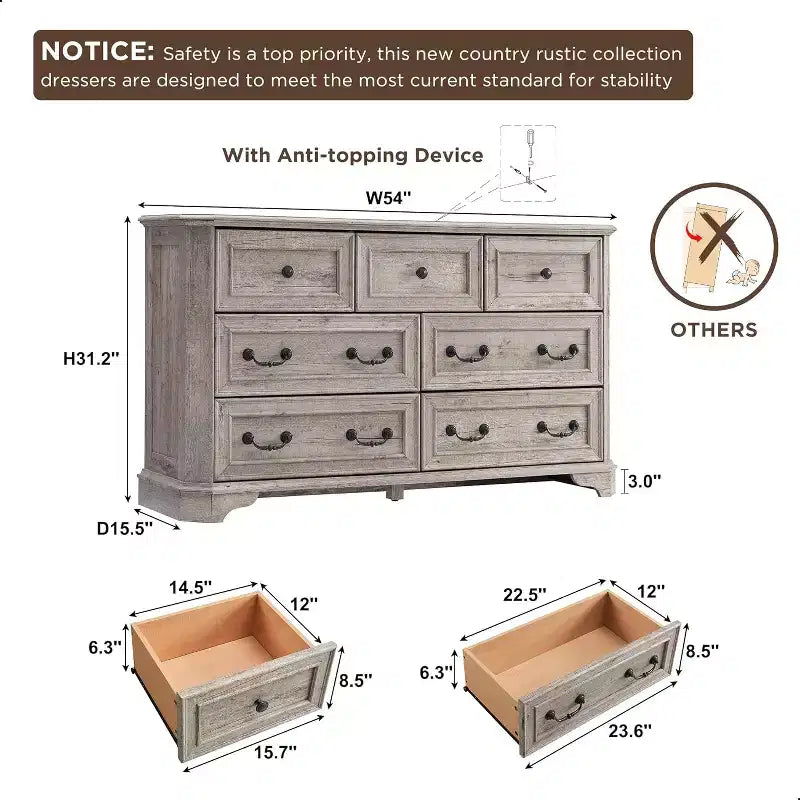 Commode 7 tiroirs de 54 po pour chambre à coucher, coffre de rangement rustique vintage pour salon et couloir
