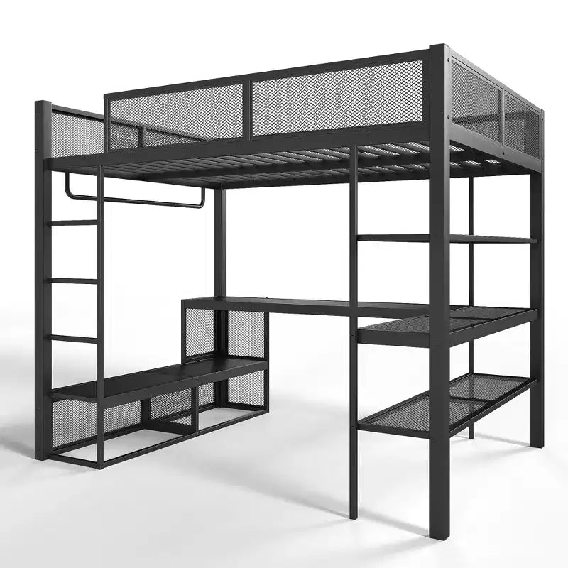 Bellemave Lit mezzanine queen en métal avec bureau, étagères de rangement et tringle à vêtements, cadre de lit mezzanine peu encombrant avec garde-corps et échelle, sans sommier tapissier, noir