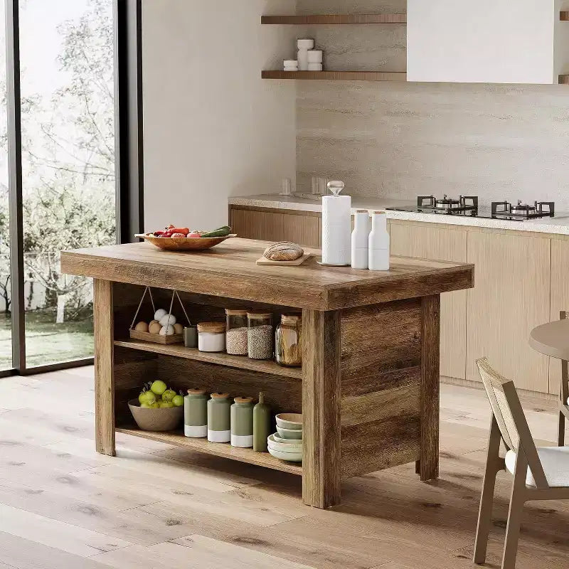 Lantine Table Îlot de Cuisine 140 cm avec Rangement, Table Îlot Fixe en Bois à 3 Niveaux, Table de Bar Moderne avec Étagère de Rangement pour Cuisine, Marron Rustique