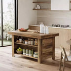 Lantine Table Îlot de Cuisine 140 cm avec Rangement, Table Îlot Fixe en Bois à 3 Niveaux, Table de Bar Moderne avec Étagère de Rangement pour Cuisine, Marron Rustique