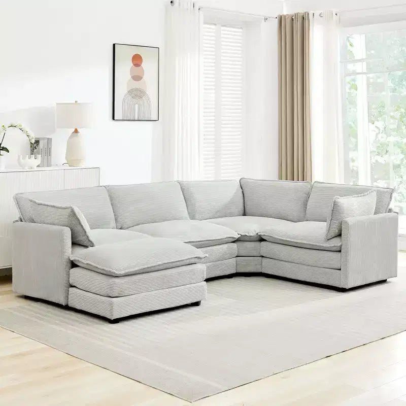 Canapé modulaire moderne 5 places en velours côtelé, surdimensionné, 113,4 po (L) x 79,13 po (l), avec pouf, canapé en U avec coin salon, HYLEORY