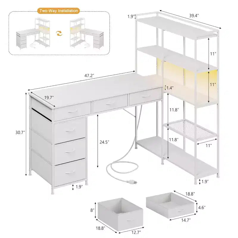 Bureau d'ordinateur en L de 120 cm avec 6 tiroirs et 5 étagères, bureau de jeu d'angle réversible avec lumières LED et prises de courant