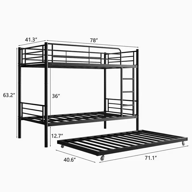 MAYEERTY Lit superposé noir en métal, taille double, avec lit gigogne, échelle, barrière de sécurité pleine longueur, sans bruit, pas besoin de sommier tapissier