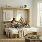 Lit escamotable 2-en-1 invisible Murphy avec étagères de rangement, Grand lit (Queen), Bois naturel (Matelas non inclus)