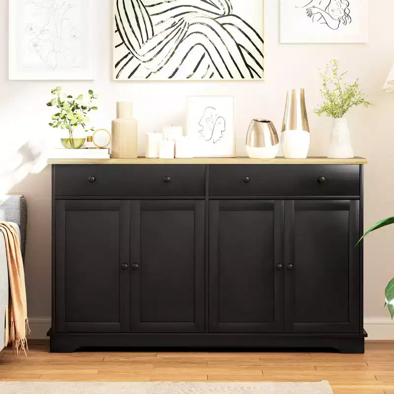 Buffet bas HOMCOM avec rangements, Meuble de cuisine moderne avec 4 portes, 2 tiroirs et 2 étagères réglables, Meuble de bar à café