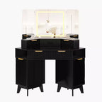 Coiffeuse d'angle 47 po avec miroir et lumière, table de maquillage en bois avec plateau en verre et station de charge, coiffeuse pour chambre à coucher