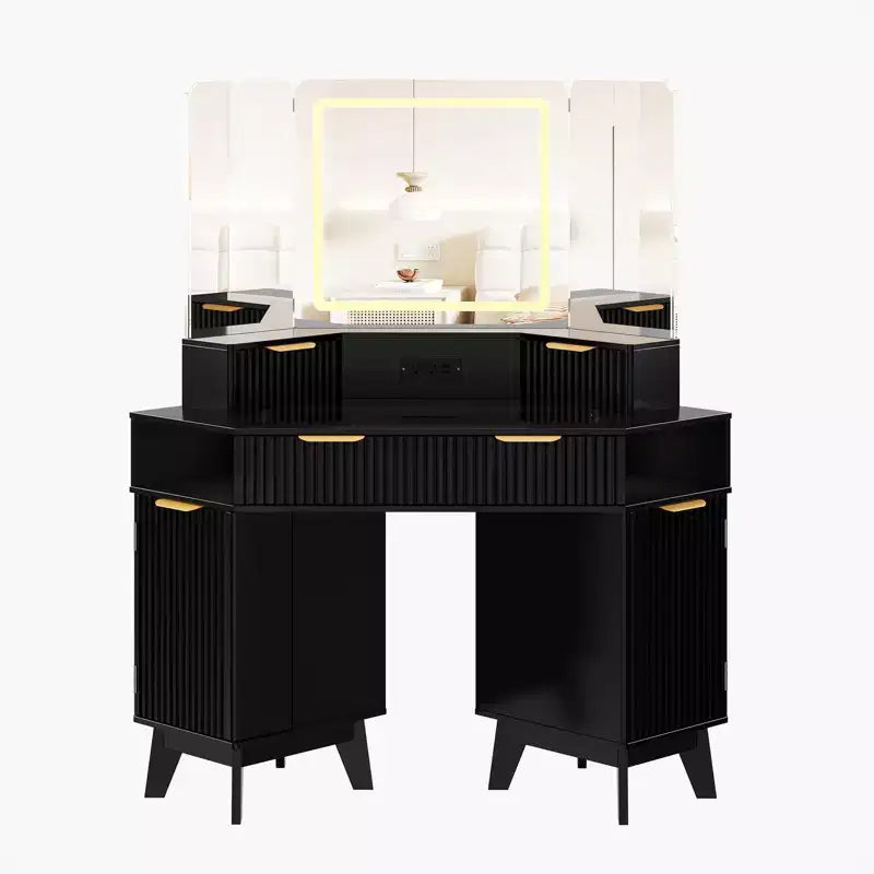Coiffeuse d'angle 47 po avec miroir et lumière, table de maquillage en bois avec plateau en verre et station de charge, coiffeuse pour chambre à coucher