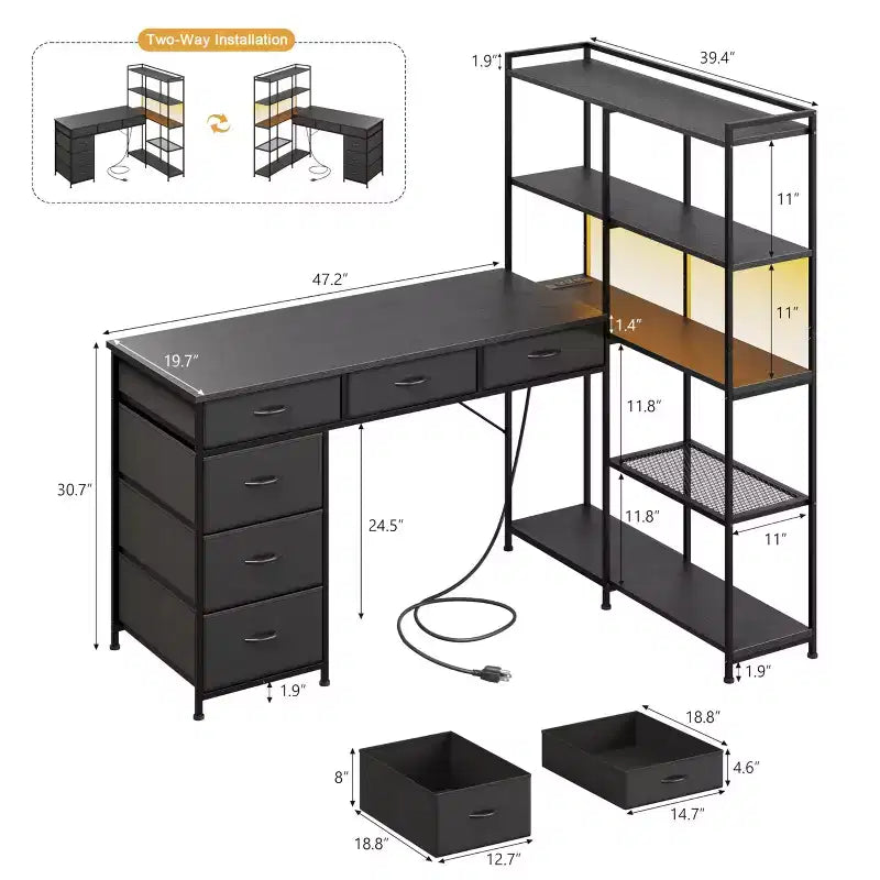 Bureau d'ordinateur en L de 120 cm avec 6 tiroirs et 5 étagères, bureau de jeu d'angle réversible avec lumières LED et prises de courant
