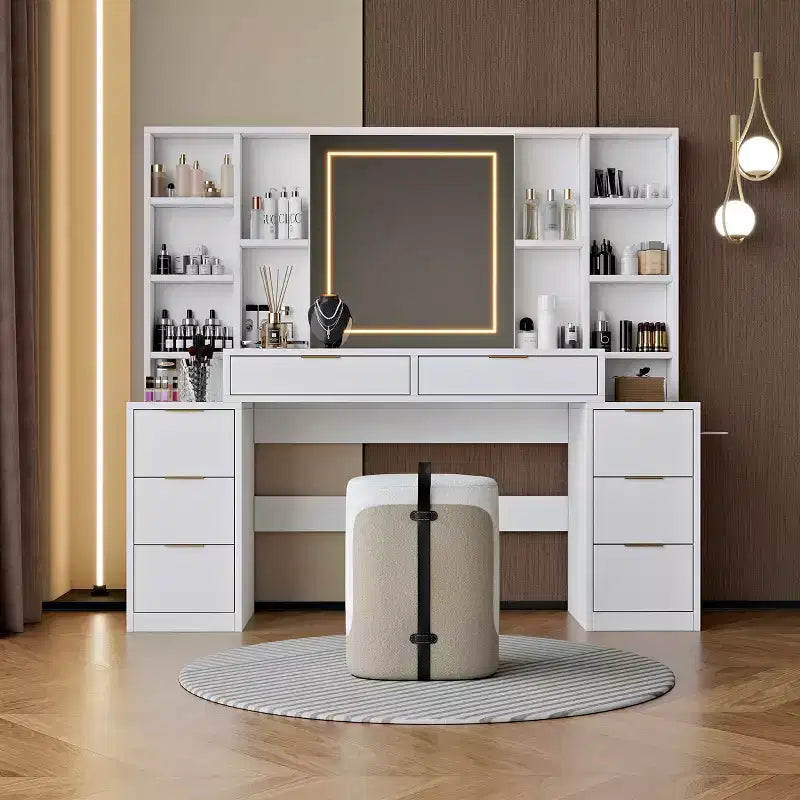 Coiffeuse de 59 pouces avec miroir lumineux, 8 tiroirs, étagères ouvertes pour chambre de fille, éclairage réglable, design gain de place