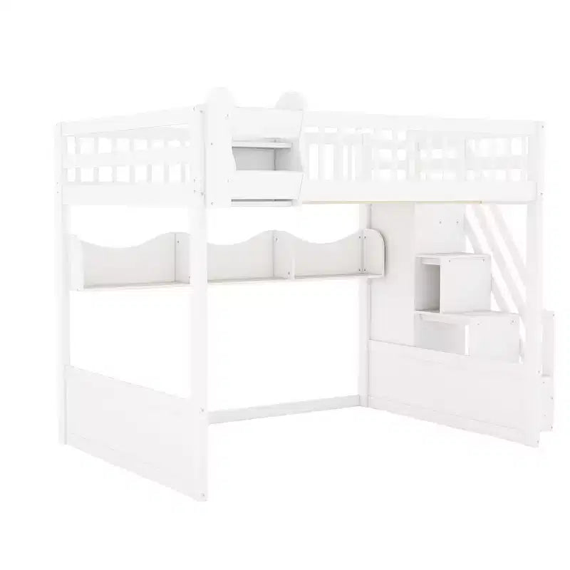 Lit mezzanine double avec escalier, armoire et étagères de rangement – MDF, 295 kg