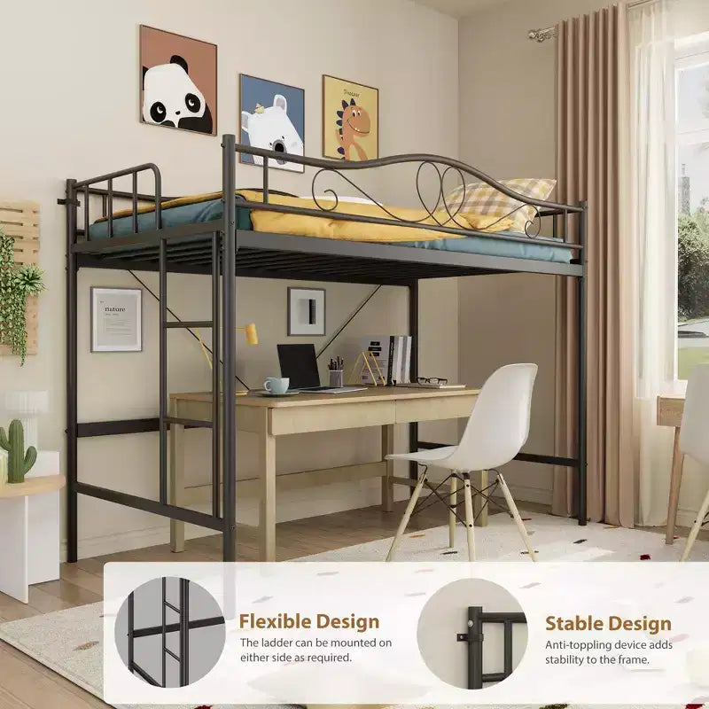 Lit mezzanine double avec échelle amovible et garde-corps de sécurité intégral, lit mezzanine double avec cadre en métal robuste d'une capacité de 180 kg, gain de place.