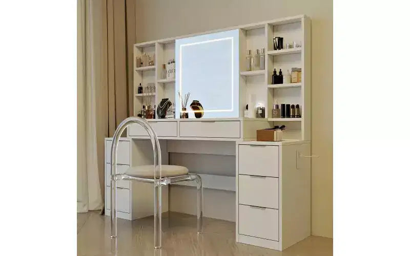 Coiffeuse de 59 pouces avec miroir lumineux, 8 tiroirs, étagères ouvertes pour chambre de fille, éclairage réglable, design gain de place