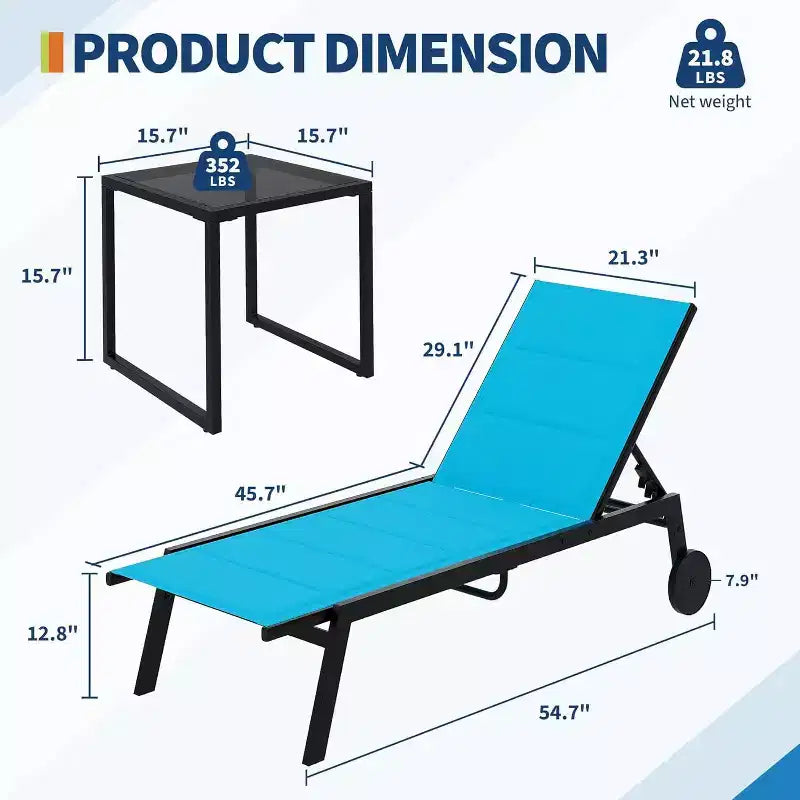 Lot de 3 chaises longues d'extérieur GustoWave, dossier réglable sur 5 positions, avec roulettes et table d'appoint pour patio, bord de piscine et plage