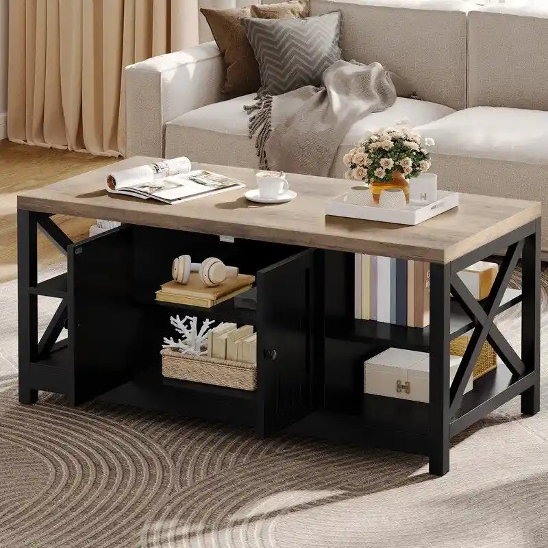 Table basse d'appoint en bois style rustique avec grande étagère de rangement