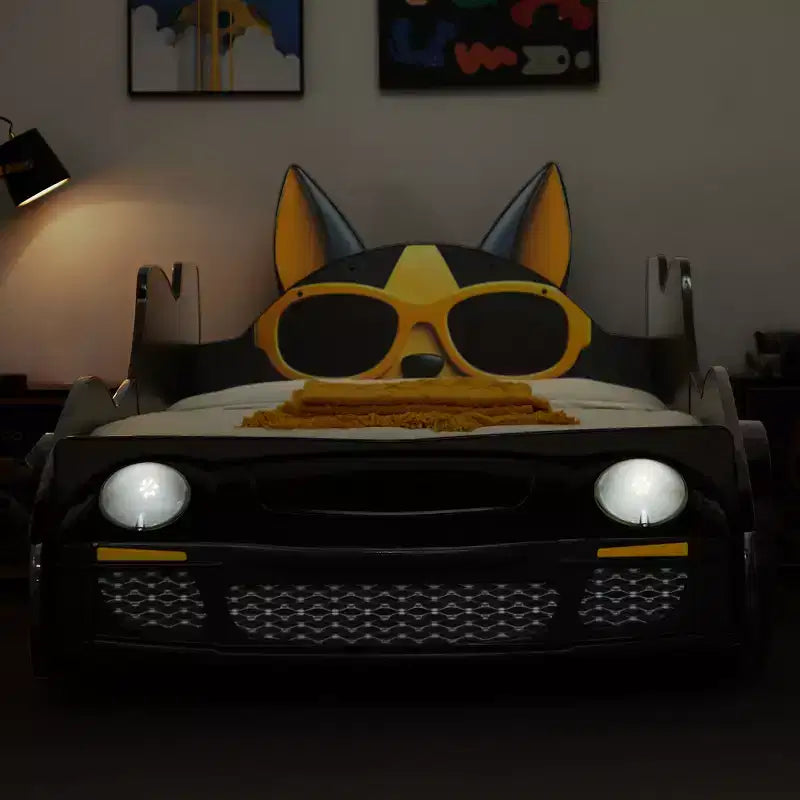 GDFStudio Fauna Lit pour enfant double taille en forme de voiture de course moderne avec phares LED