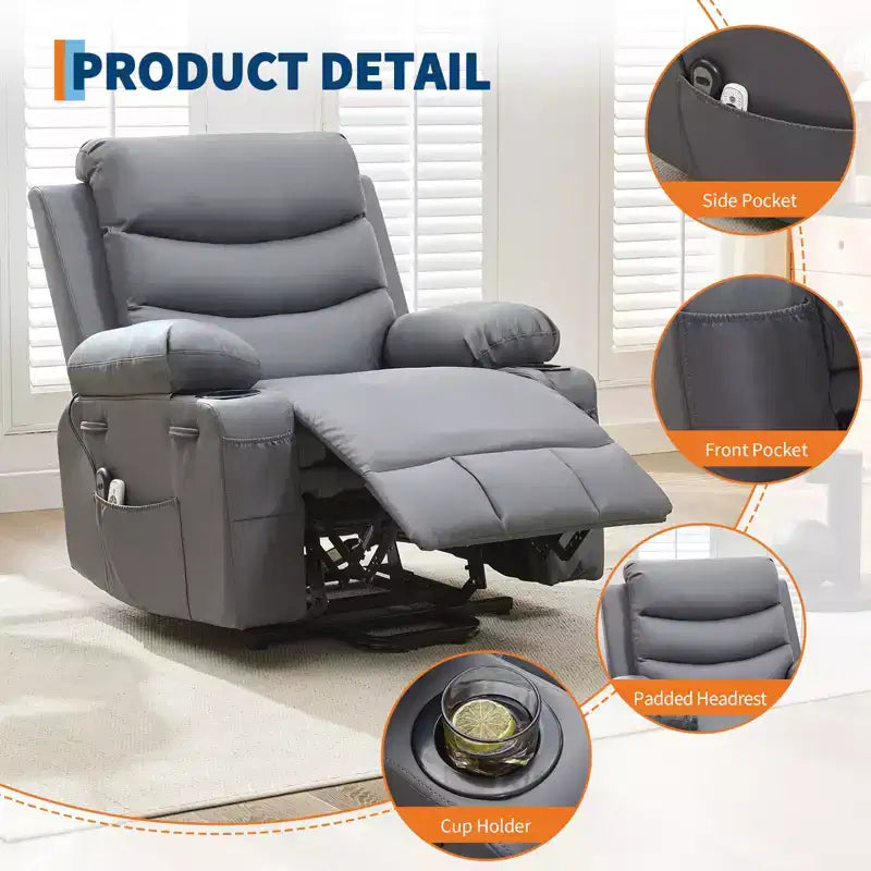 Fauteuil inclinable releveur avec massage et chauffage, fauteuils inclinables électriques surdimensionnés, siège de cinéma maison avec 2 porte-gobelets latéraux, fauteuil simple inclinable à bascule