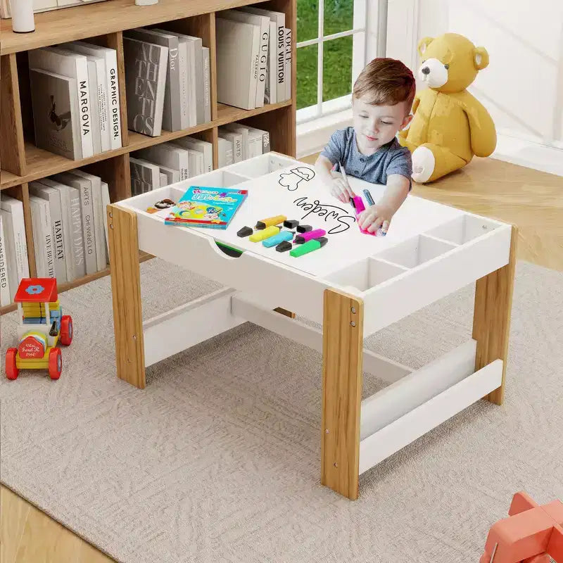 Table d'activités 2-en-1 pour enfants avec 7 compartiments de rangement - Table de blocs de construction LEGO compatible et tableau blanc, blanc et vert