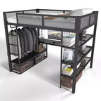 Bellemave Lit mezzanine queen en métal avec bureau, étagères de rangement et tringle à vêtements, cadre de lit mezzanine peu encombrant avec garde-corps et échelle, sans sommier tapissier, noir
