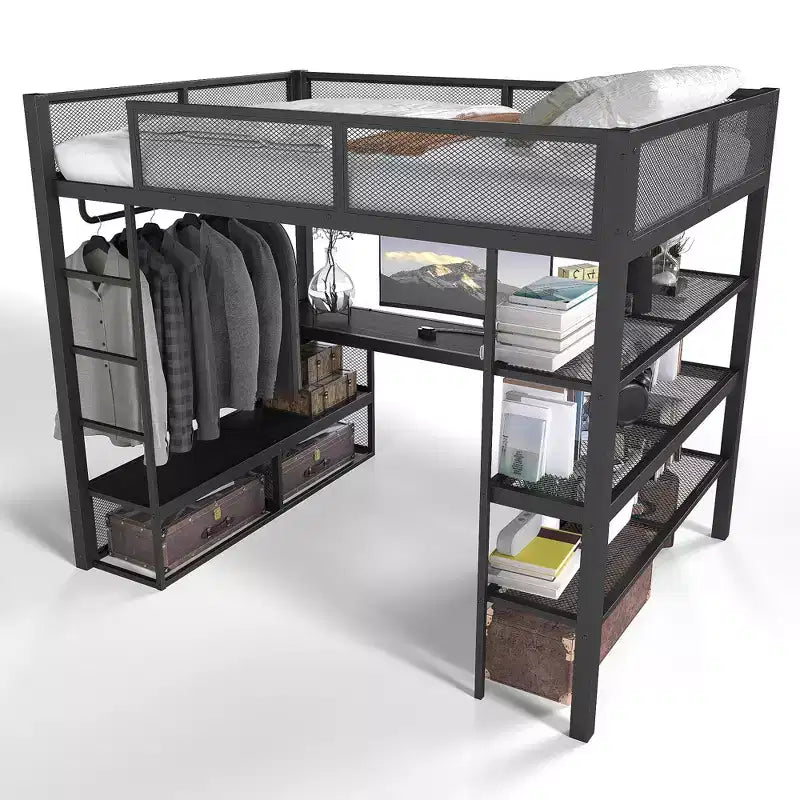 Bellemave Lit mezzanine queen en métal avec bureau, étagères de rangement et tringle à vêtements, cadre de lit mezzanine peu encombrant avec garde-corps et échelle, sans sommier tapissier, noir