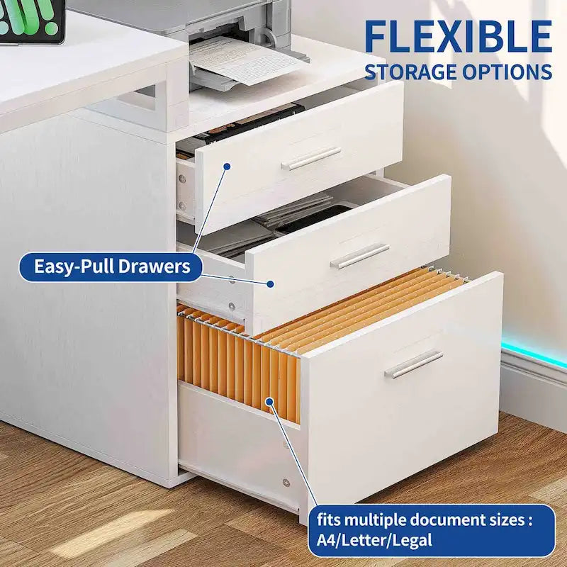 Bureau d'angle en L de 165 cm avec LED RVB, support d'écran et armoire de rangement – 1 personne | Blanc / Chêne / Gris anthracite / Noir