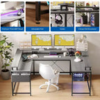 COZONY Bureau de jeu en forme de U/L 78", bureau d'ordinateur réversible avec prises de courant, lumières LED, support de moniteur et étagère de rangement, bureau d'angle pour le bureau à domicile