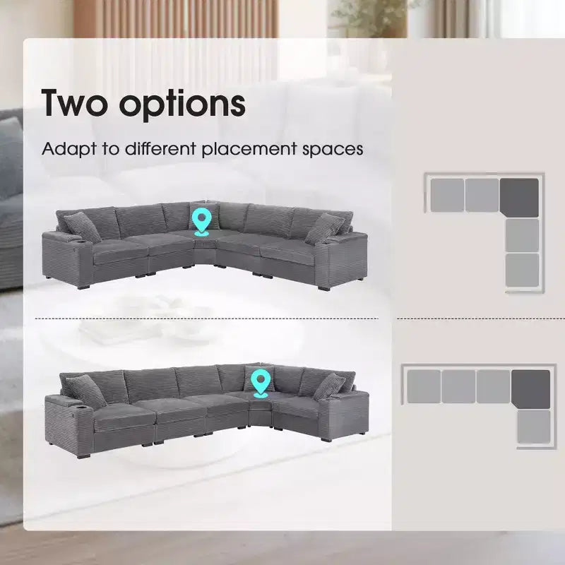Canapé d'angle modulable en velours côtelé 106 avec accoudoir, rangement, porte-gobelets, chargeur USB et canapé modulaire surdimensionné confortable