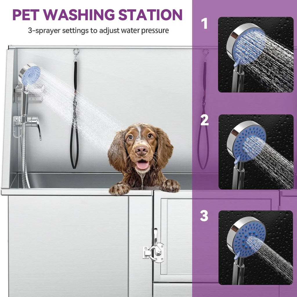Baignoire de toilettage pour animaux en acier inoxydable de 50 po avec rampe d'accès réglable