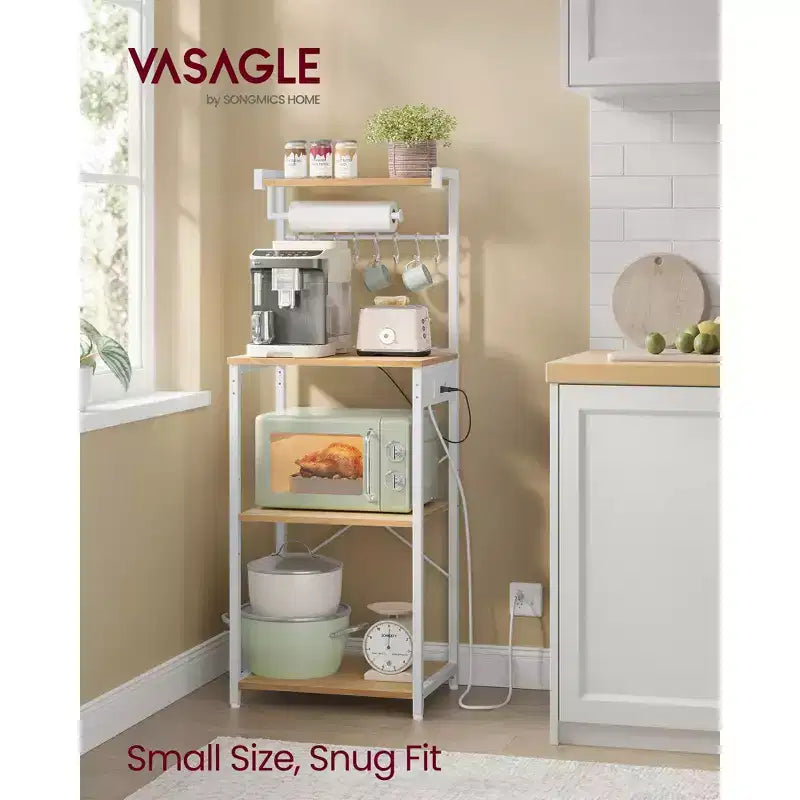 VASAGLE Étagère de Cuisine 4 Niveaux avec Prise Électrique, Meuble de Rangement pour Café avec 8 Crochets en S, Support Micro-Ondes, Étagère Réglable