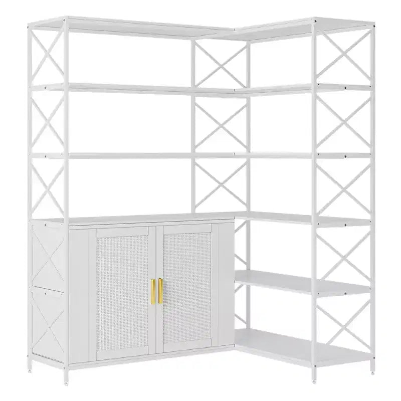 Étagère d'angle – Bibliothèque d'angle à 6 niveaux avec rangement, étagère en forme de L style ferme avec placard, bibliothèque industrielle moderne pour bureau à domicile