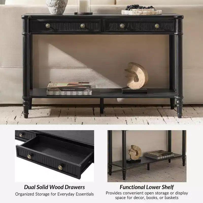 Console 47,2" en noyer avec 2 tiroirs cannelés et étagère inférieure