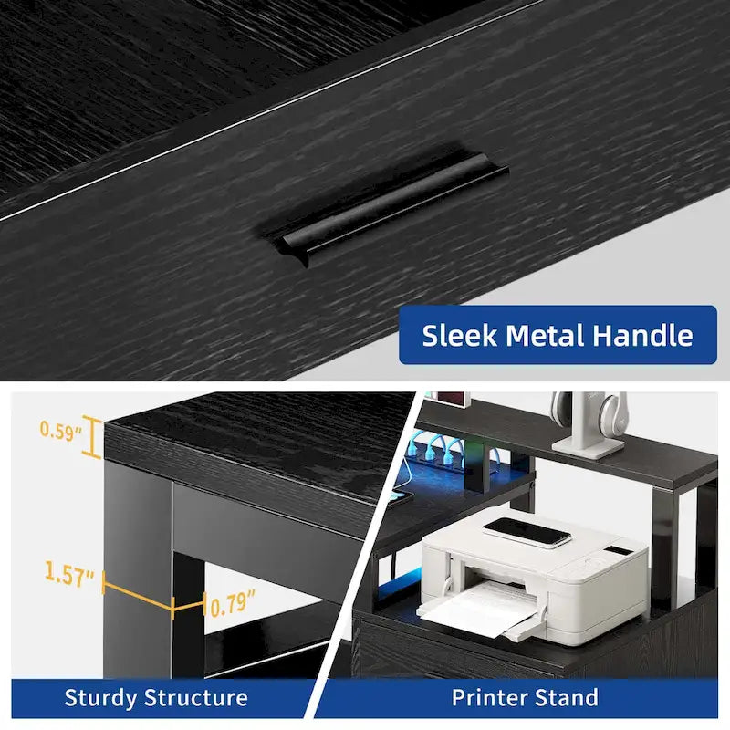 Bureau d'angle en L de 165 cm avec LED RVB, support d'écran et armoire de rangement – 1 personne | Blanc / Chêne / Gris anthracite / Noir