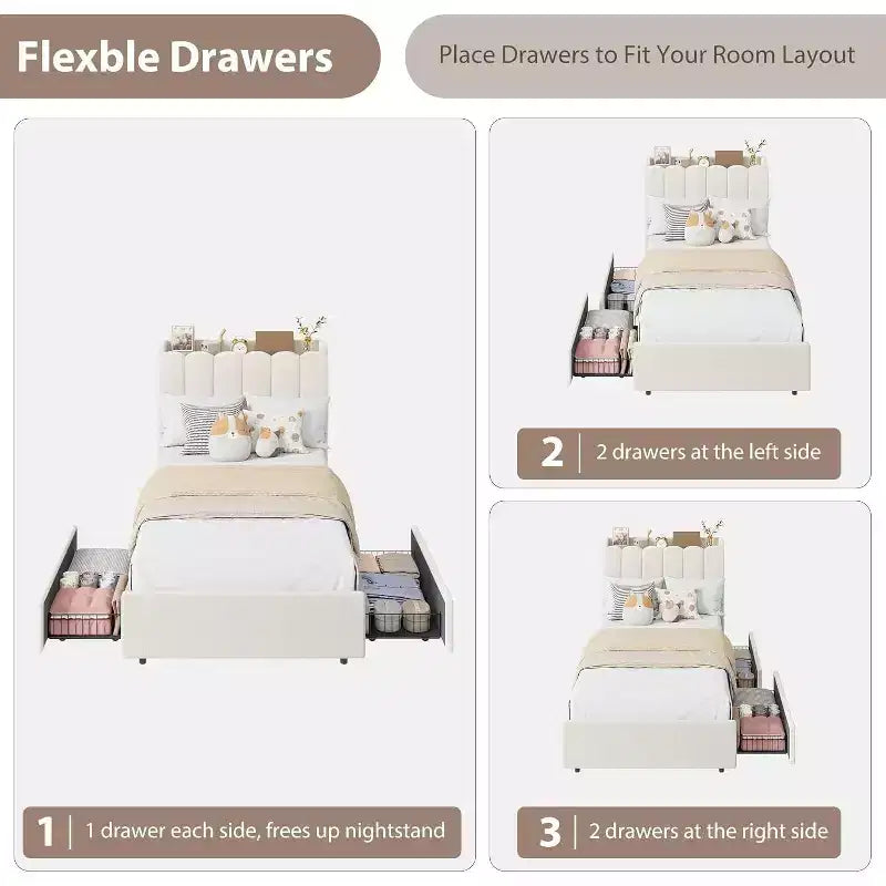 Cadre de lit avec tête de lit de rangement, cadre de lit pour enfant avec 2 tiroirs, lit plateforme capitonné en tissu, tête de lit profilée avec bibliothèque