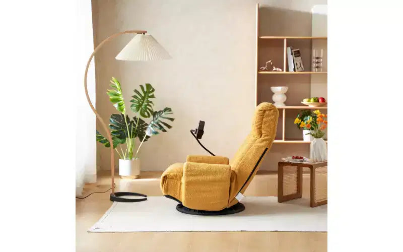 Chaise de jeu au sol, fauteuil de sol pivotant avec accoudoirs et support de téléphone, fauteuil de jeu inclinable pliant réglable sur 5 positions