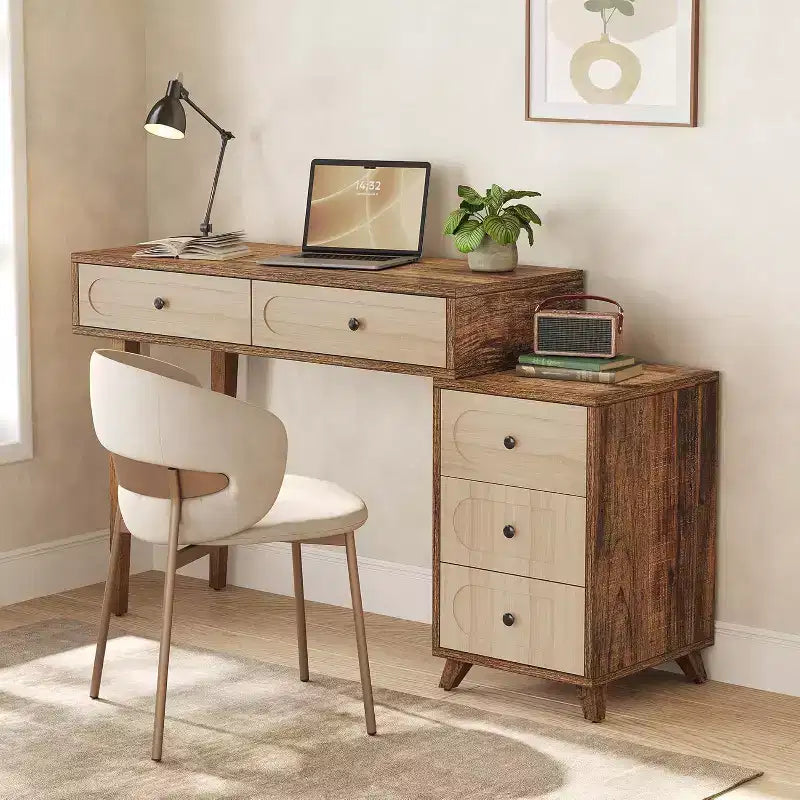 Bureau Lantine de 39 pouces avec 5 tiroirs et armoire rétractable, petite table d'ordinateur et coiffeuse extensible pour petits espaces, marron