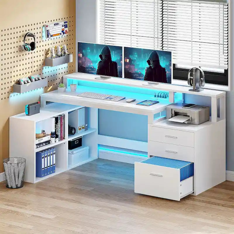 Bureau d'angle en L de 165 cm avec LED RVB, support d'écran et armoire de rangement – 1 personne | Blanc / Chêne / Gris anthracite / Noir