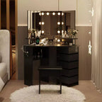 Coiffeuse d'angle avec lumières, table de maquillage avec prise de courant et tiroirs rotatifs pour chambre à coucher