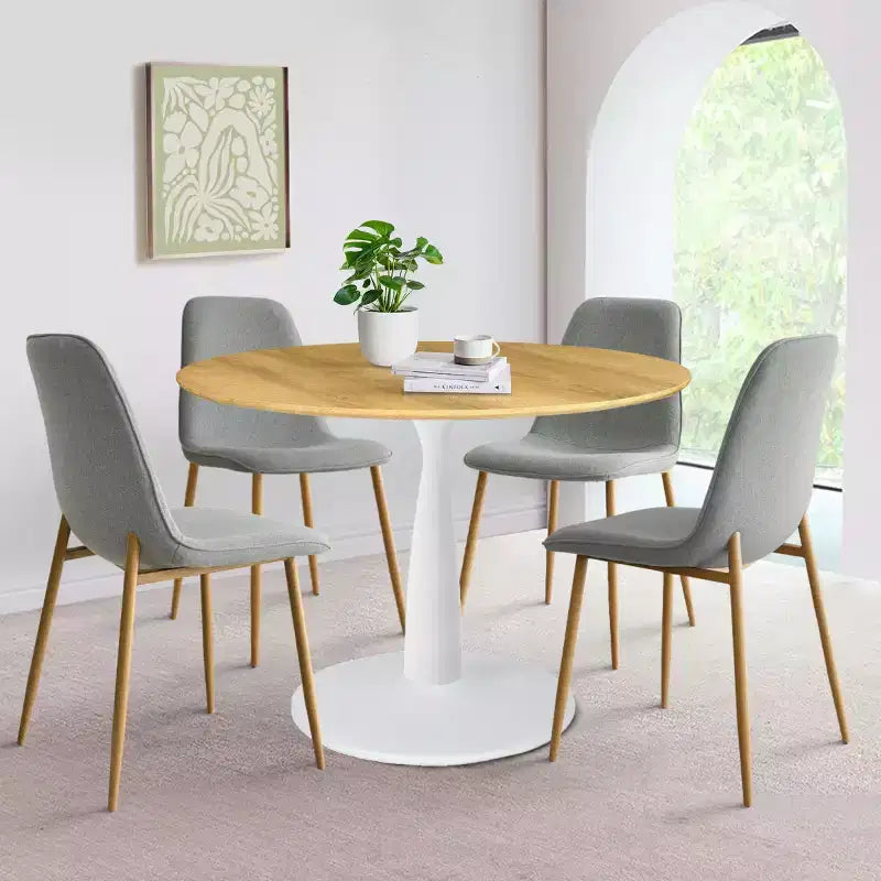 Ensemble de salle à manger rond 5 pièces, table piédestal 37" avec plateau aspect bois et chaises courbées rembourrées, style moderne-Panipeachy