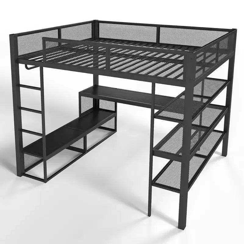 Bellemave Lit mezzanine queen en métal avec bureau, étagères de rangement et tringle à vêtements, cadre de lit mezzanine peu encombrant avec garde-corps et échelle, sans sommier tapissier, noir