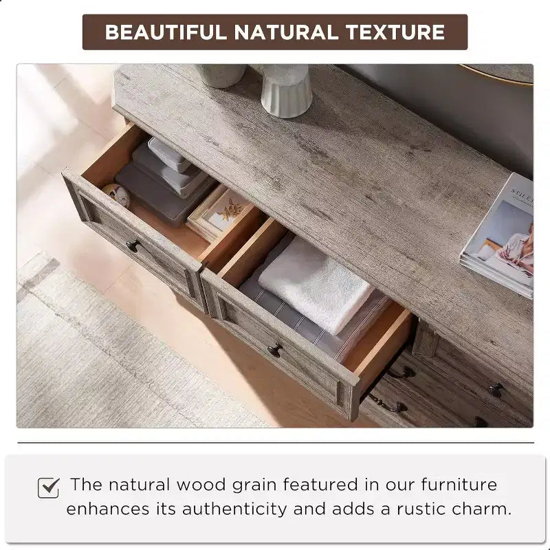 Commode 7 tiroirs de 54 po pour chambre à coucher, coffre de rangement rustique vintage pour salon et couloir