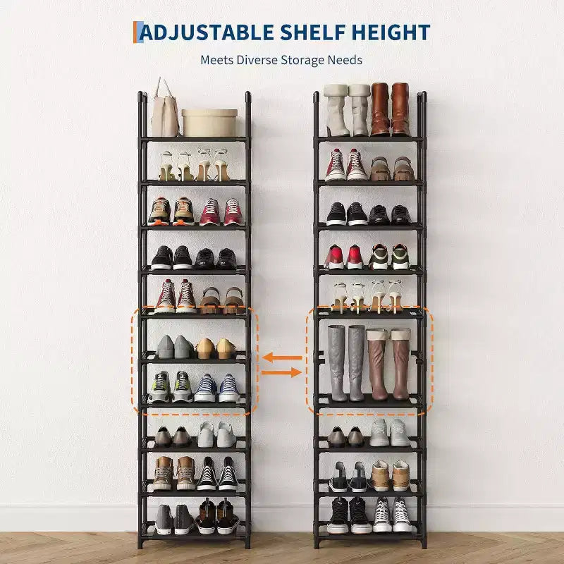 Étagère à chaussures robuste en métal à 10 niveaux avec étagères en tissu amovibles, organiseur d'angle haut et peu encombrant pour placard, entrée, salon
