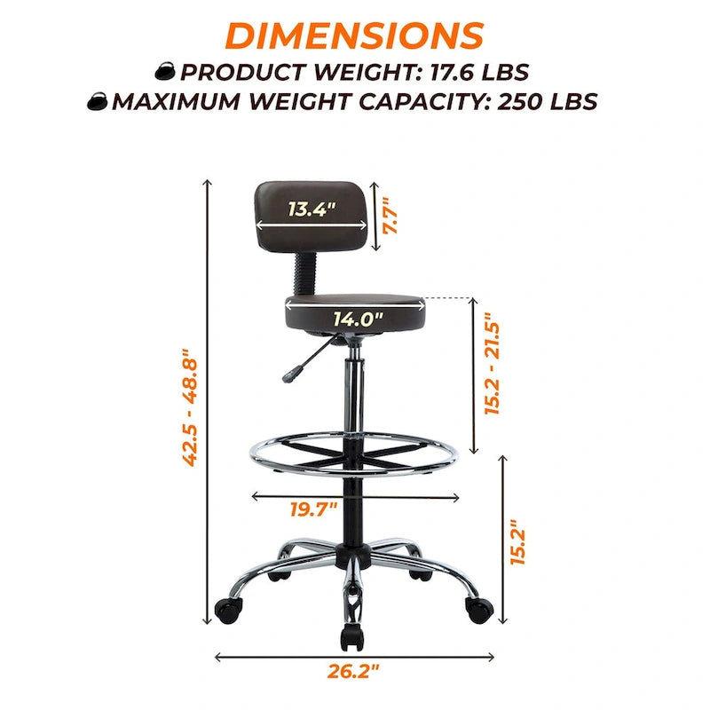 Tabouret de dessinateur réglable en hauteur - Avec cuir de qualité supérieure, roulettes pivotantes