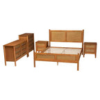 Ensemble de chambre à coucher Japandi 5 pièces Baxton Studio Jenn en bois brun doré, taille grand lit, avec rotin au fini vieilli