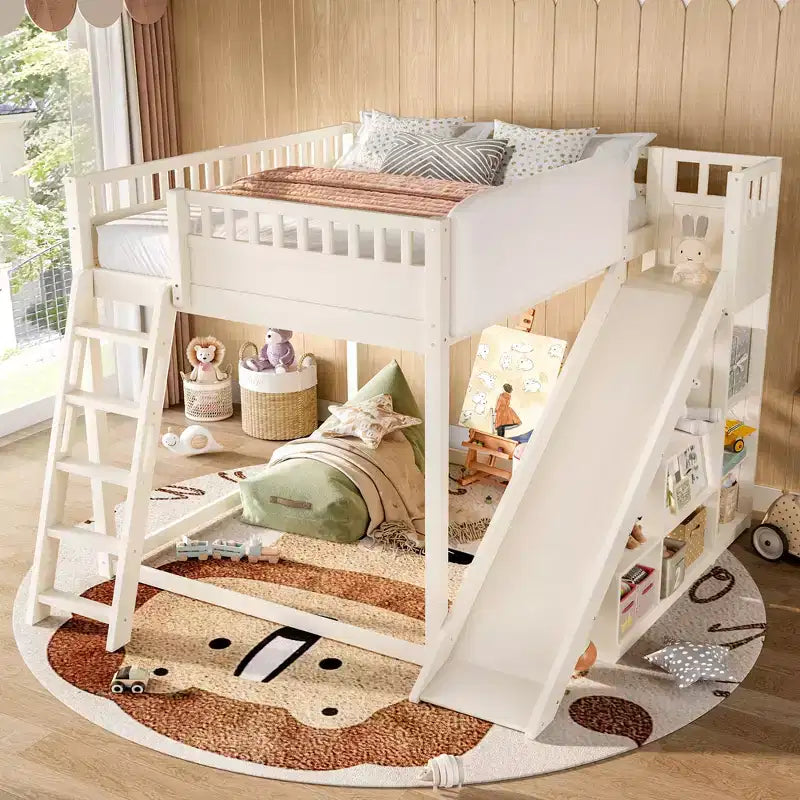 Lit mezzanine Bellemave avec tête de lit rembourrée et étagères de rangement, cadre de lit mezzanine en bois massif avec échelle et toboggan pour enfants