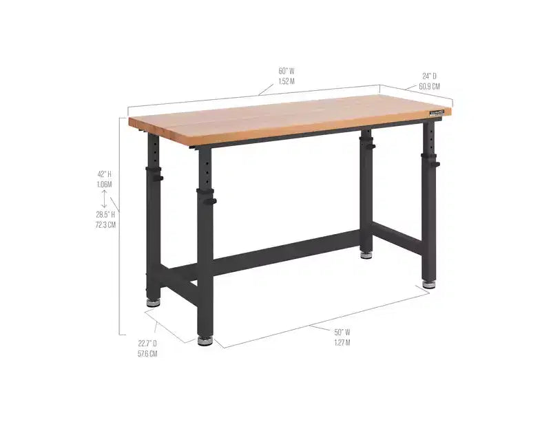 Établi robuste avec plateau en bois et hauteur réglable de 60 po
