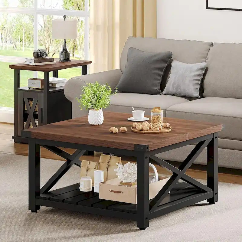 Table basse carrée à plateau relevable Moasis Farmhouse avec étagère de rangement pour salon