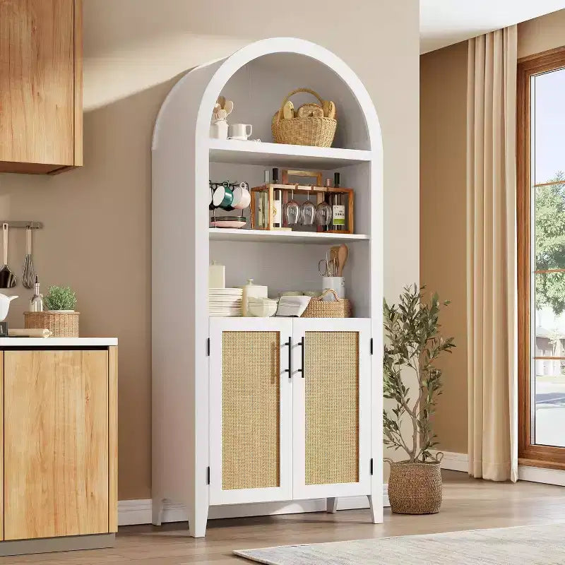 Acekool Armoire de cuisine bombée avec portes en rotin, meuble de rangement de ferme à 5 niveaux pour cuisine, salle à manger, salon