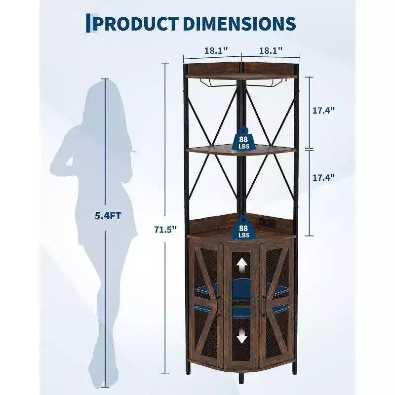 Meuble de bar d'angle Garvee à 5 niveaux, meuble à liqueurs de 181,6 cm de haut avec lumières LED pour la maison