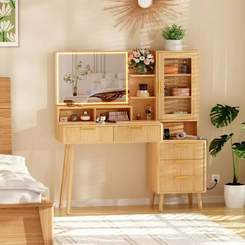 Coiffeuse avec prise de courant, Grande coiffeuse moderne cannelée avec miroir éclairé HD 23,6 pouces, 5 tiroirs et étagère de rangement